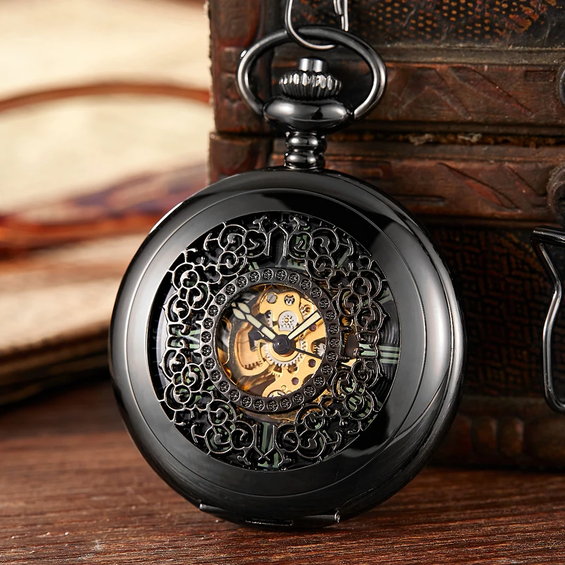 Luminous Mechanical Pocket Watch Hollow Black Dial Hand-Winding Men Pendant Collection Fob Chain Watch Skeleton Steampunk Clock