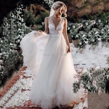 Винтажные Свадебные Платья с цветочным рисунком сексуальное платье невесты из мягкого тюля с v-образным вырезом без рукавов Длина до пола пляжное свадебное платье