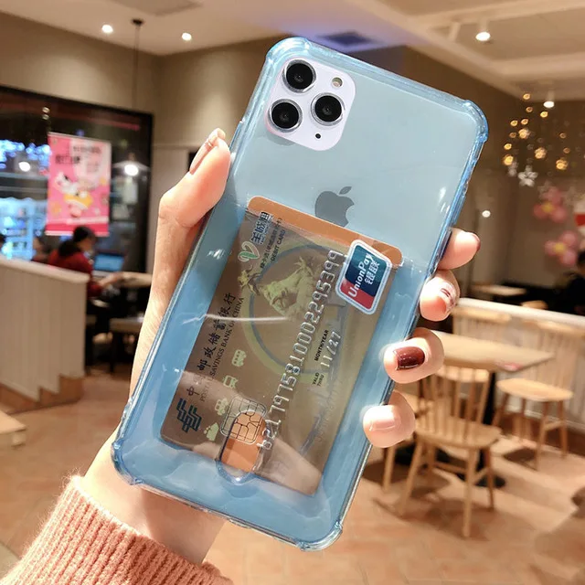Blue LOVECOM держатель для карт Прозрачный чехол для телефона для iPhone 11 Pro Max XR XS Max 6 6S 7 8 Plus X Мягкий ТПУ кредитный слот задняя крышка на весь корпус - Цвет: Blue