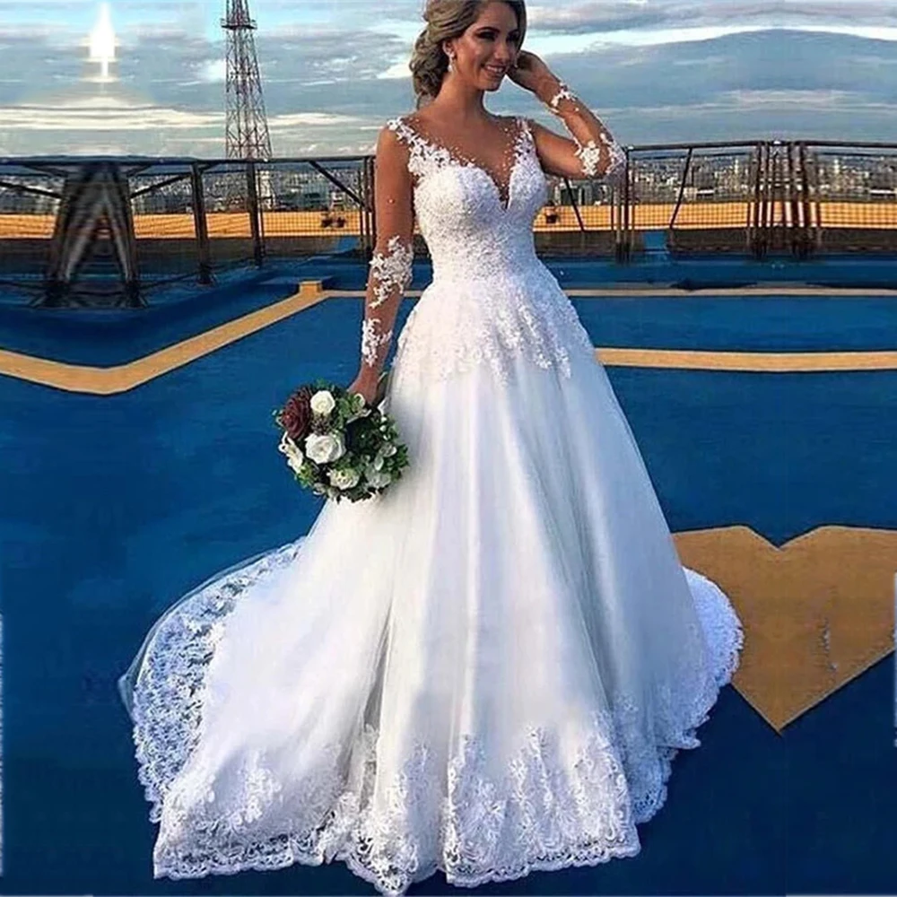 

Modern Women Marriage Wedding Dress Illusion Tulle White Appliques Beaded Bridal Gown Tailor-Made A Line Evening Party Dresses