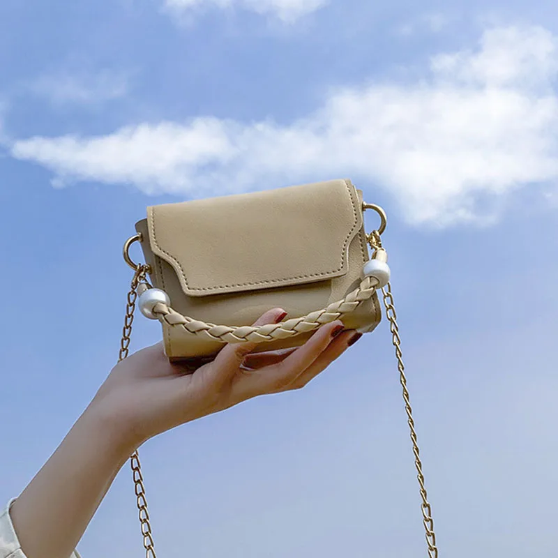 

Pu Leather simple Crossbody Bags For Women 2020 New solid color Totes With Pearl Mini Chain Shoulder Messenger Bag Purses