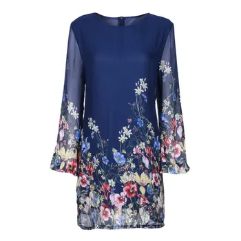 

Ladies Winter Dress Long Sleeve O-Neck Chiffon Dress Female Loose Bohemian Print Women's Dresses