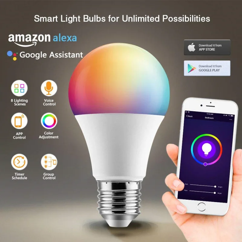 Новое беспроводное умное домашнее ламповое освещение, лампа 7 Вт E27 магический RGB+ W Светодиодный светильник с регулируемой яркостью для работы с Google Home Alexa