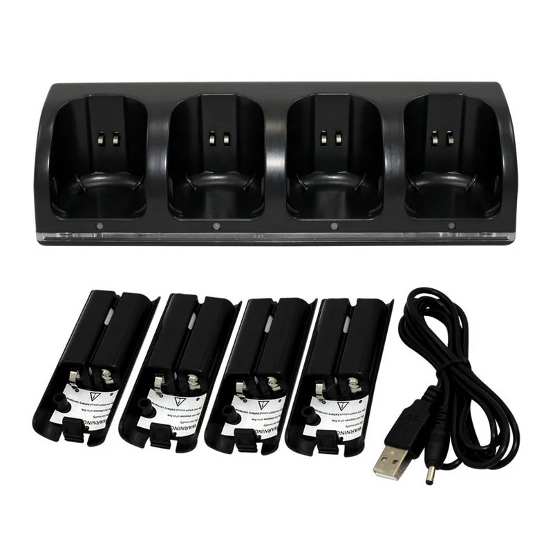 for Wii Remote Joystick Controller Black 4 x Rechargeable Battery + Quad 4 Charger Dock Station Kit for Wii Gamepad Charger