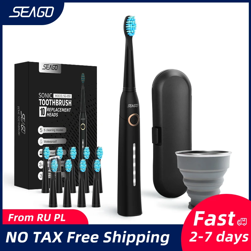Seago-Cepillo de dientes eléctrico para adulto, recargable por USB, resistente al agua, ultrasónico, automático, 5 modos con estuche de viaje
