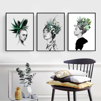 

Abstract Green plant Girl Avatar Modern Nordic Canvas Painting Art Print Wall Poster Wall Art Pictures for Bedroom Living Room