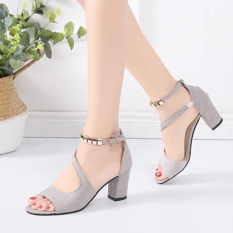 

2019 New Style Chunky-Heel Straight-line Buckle Beaded Bracelet Peep-Toe Sandals WOMEN'S Bag with Suede Korean-style High-heeled