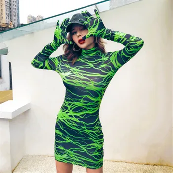 

2020 long sleeve lightning print with gloves sexy mini dress autumn and winter women streetwear clothing club pattern clothi cas