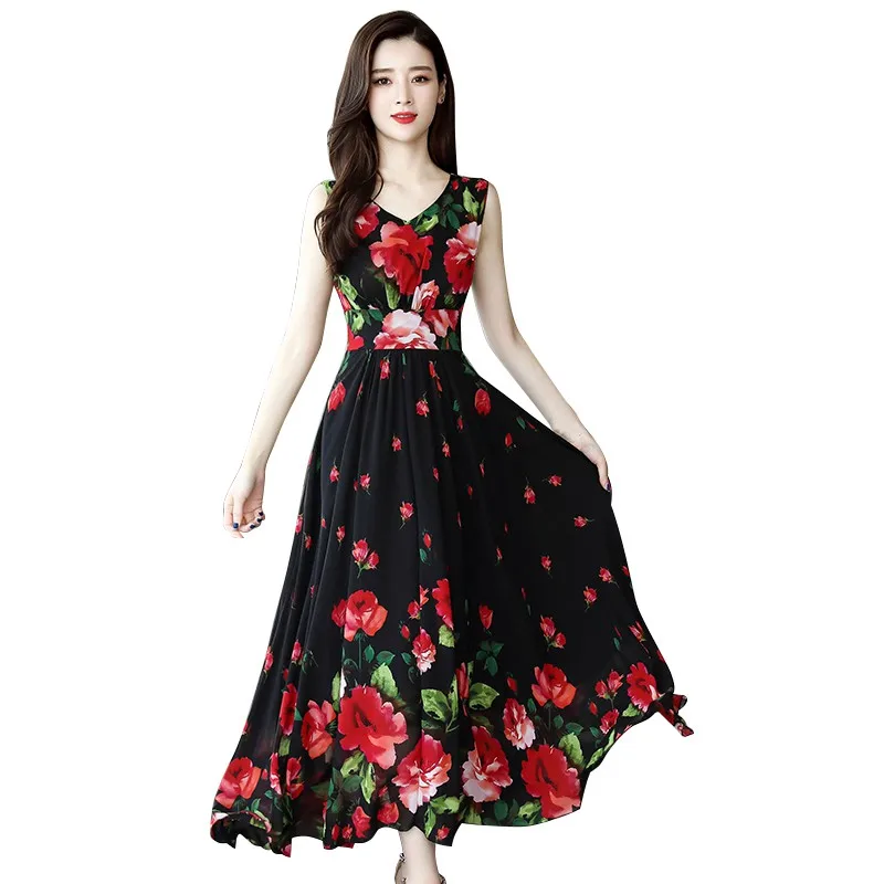 Черный Summer Sleeveless Beach Long Dress Casual Women Print Floral Dress - Цвет: Черный