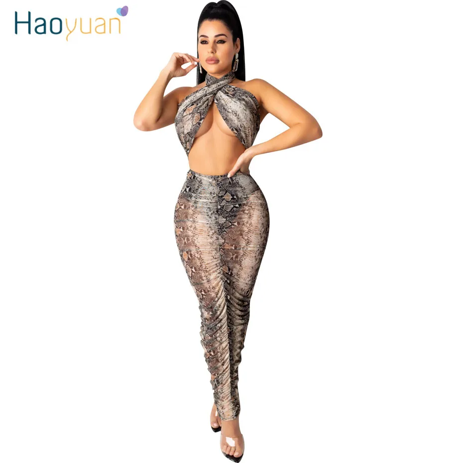 

HAOYUAN Sexy Mesh Sheer Two Piece Snakeskin Leopard Dress Women Off Shoulder Backless Maxi Dresses Long Night Club Party Dress