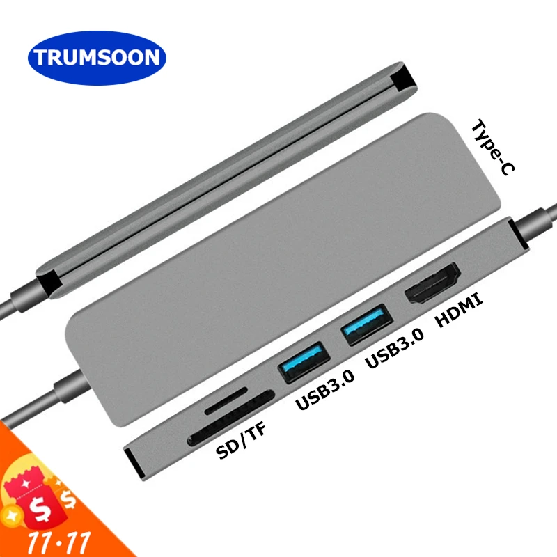

Trumsoon Type C to HDMI 4K USB-C USB 3.0 SD TF Card Reader Hub Adapter for Macbook Samsung S9 Dex Huawei P30 Dock TV Projector