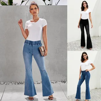 

Julang 2020 Women's Jeans Casual Slim Stretchy Denim Waist Jeans Hole in knee Oversized Long Flare Pants