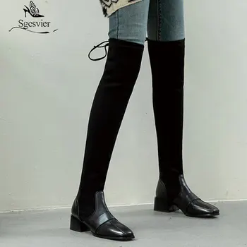 

Sgesvier Over The Knee Boots Women Antumn Winter Party Basic Shoes Woman PU Leather Square Toe High Boots Slim Thick Heels