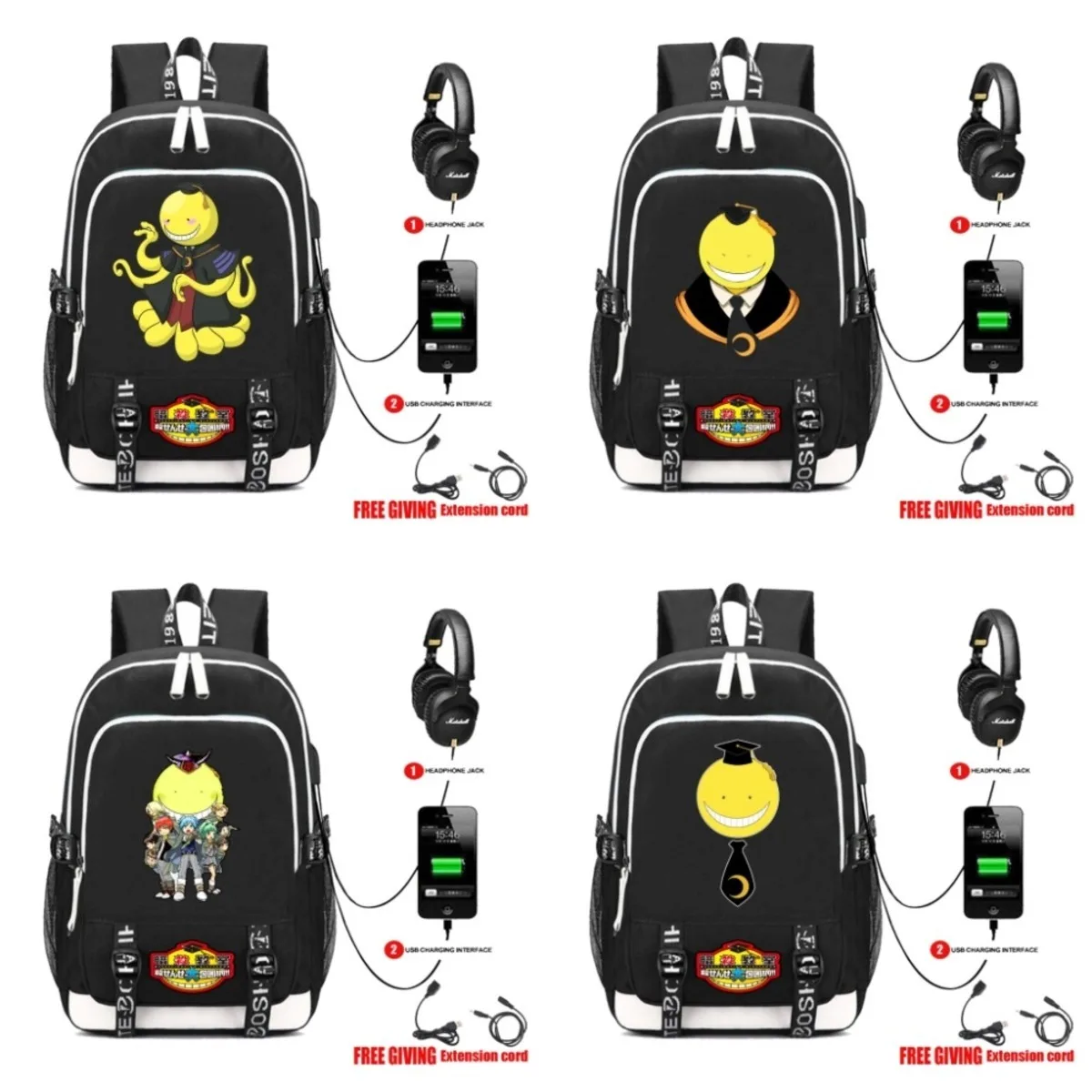 

USB Charging Headphone interface Teenagers Student book bag Men Women Casual travel bag anime Ansatsu Kyoushitsu Backpack