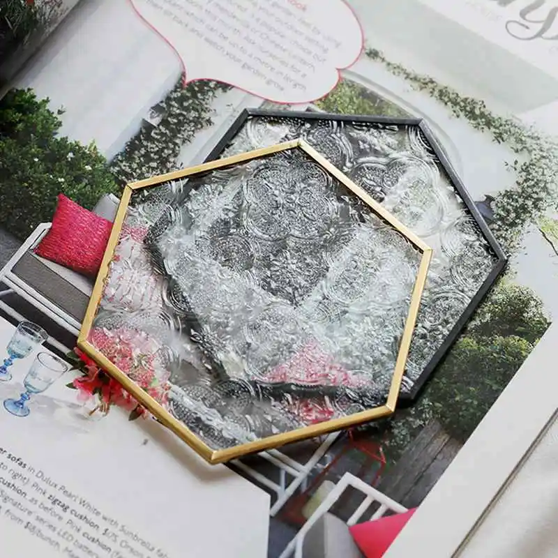 

Drink Coffee Cup Mat Glass Coaster Gold Copper Embossed Pattern Hexagonal Glass Coaster Dining Insulation Pad