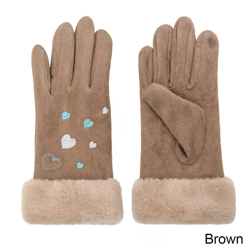 Женские уличные кашемировые перчатки 4 цвета перчатки осень и зима женские теплые хлопковые и хлопковые милые вышитые перчатки одноцветные - Цвет: Brown