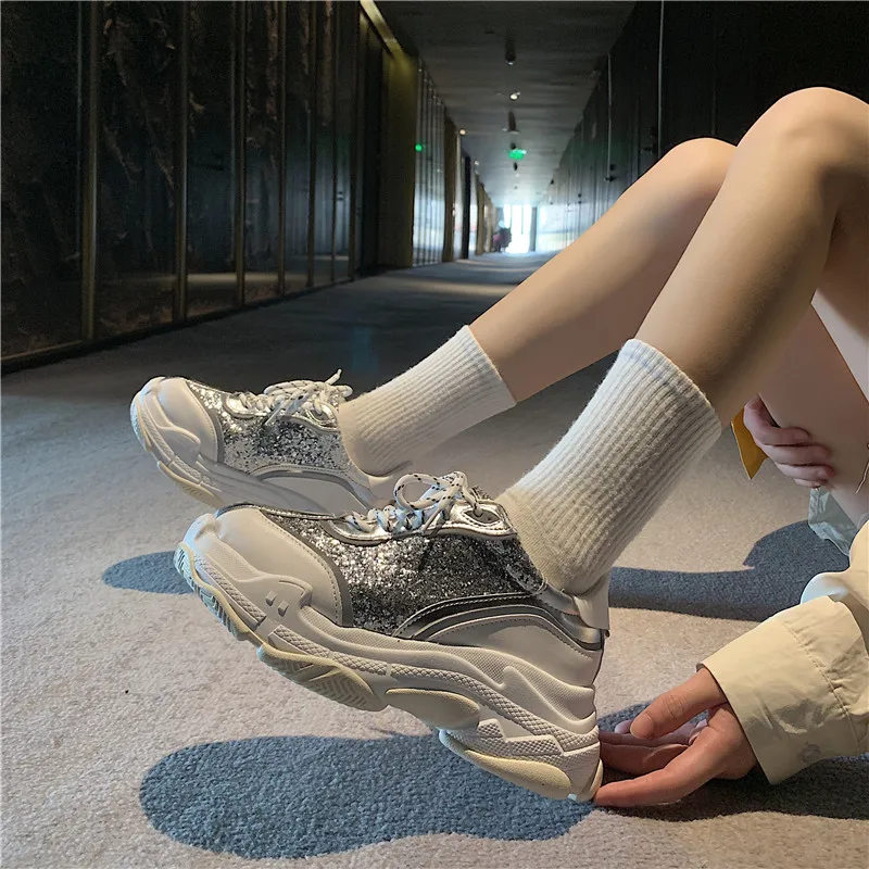 New women's increased single shoes trend sequins reflective casual shoes fashion comfortable wedge women's shoes