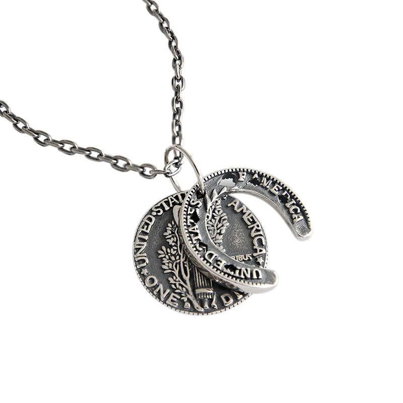 

S925 Sterling Silver Necklace instagram simple retro English portrait coin double Tag Necklace Personalized Silver Chain