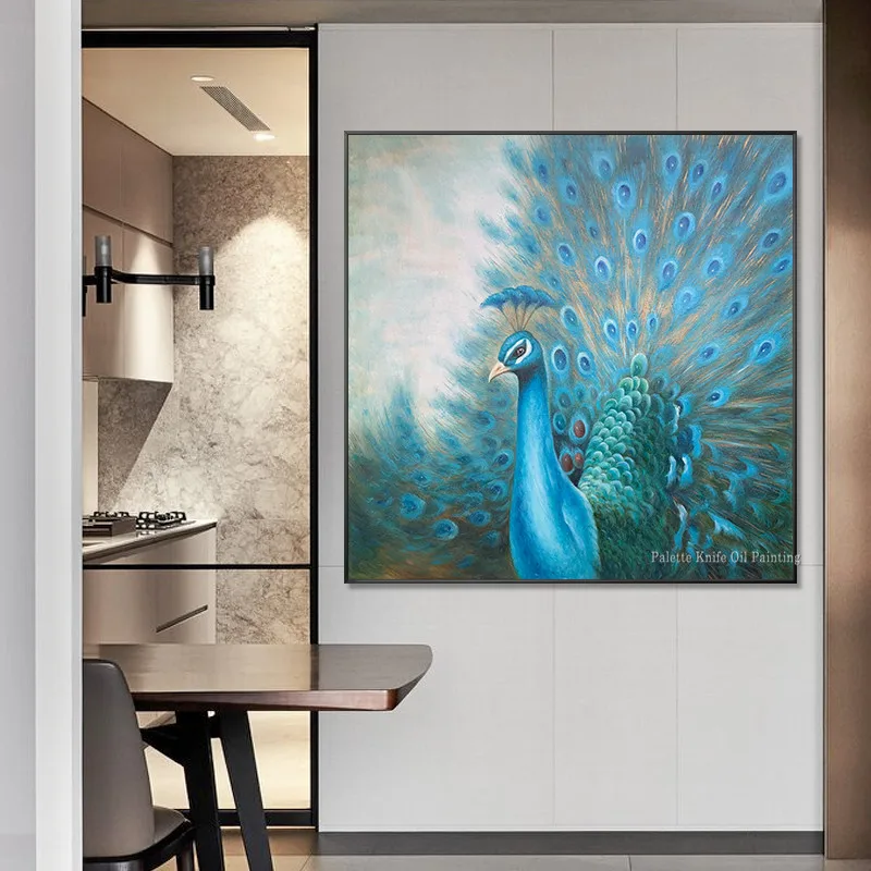 Original peacock decoration painting hand painted canvas oil painting animal blue wall art Home office decor cuadros abstractos
