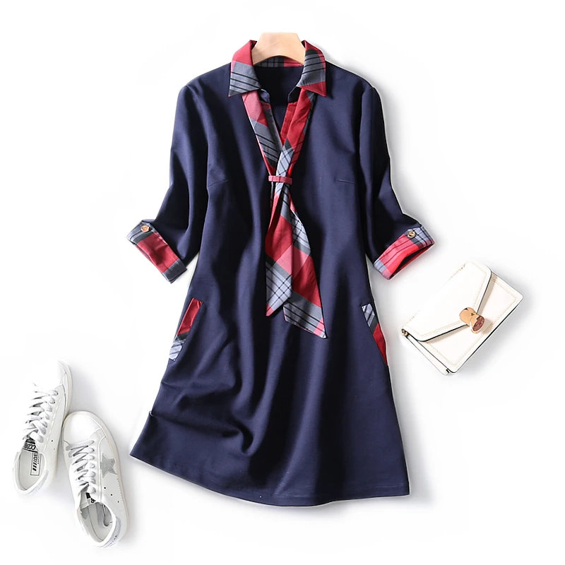 

2019 autumn and winter charming silk scarf plaid Slim-fit stitching pockets three quarter sleeves slim and elegant casual dress