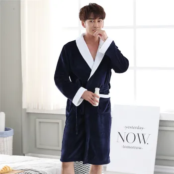 

Navy Blue Men Kimono Gown Lounge Home Wear Robe Sleepwear Nightgown Coral Fleece Intimate Lingerie Flannel Bathrobe Negligee