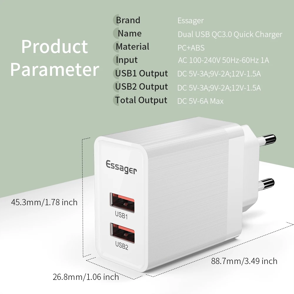Essager Quick Charge 36 Вт QC3.0 EU Plug Dual USB зарядное устройство для путешествий настенное быстрое зарядное устройство для телефона samsung Xiaomi