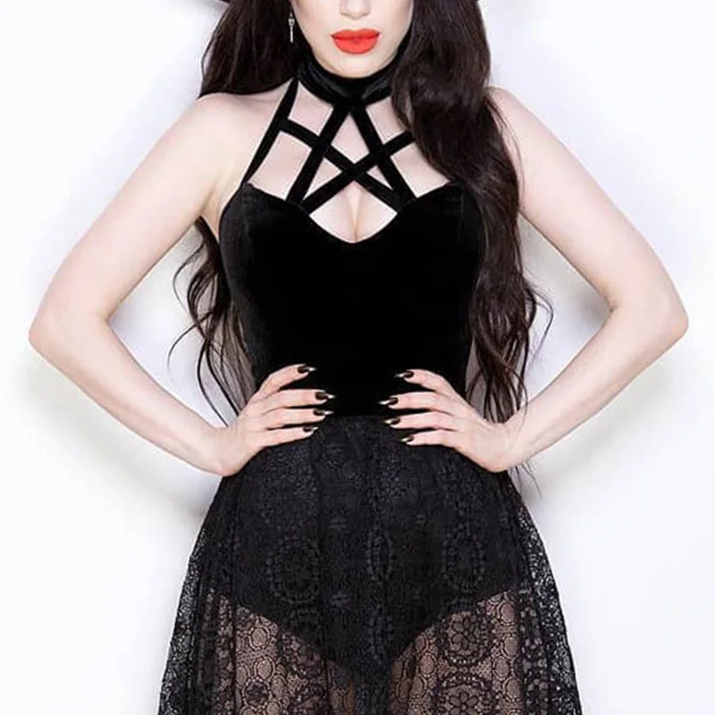 Hallow Out Sexy Backless Bodycon Tank Women Summer Gothic Pentagram Bandage Halter Camis Women Gothic Harajuku Black Crop Top