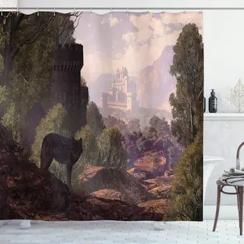 

Woodland Shower Curtain, Wolf Coming Out of The Woods Gothic Castle Lake Boat Off in Distance, Cloth Fabric Bathroom Decor Set