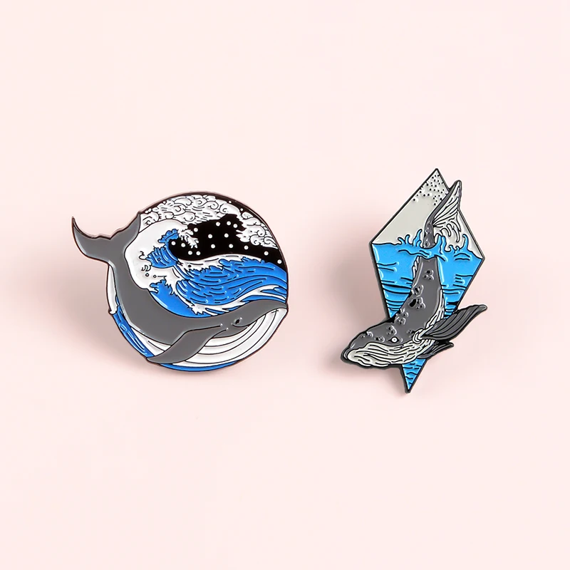 Marine Organism Ocean Billowing Waves Grey Whale Shark Blue Lapel Pin Badge Animal Jewelry Gift Brooches For Men Women | Украшения и