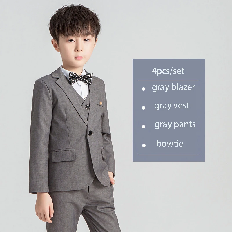 gray 4pcs Autumn Children's Formal Suit Set Flower Boy Wedding Piano Show Host Costume Kids Tuxedo Vest Pants Shirts Bowtie 5pcs Clothes - Цвет: gray 4pcs