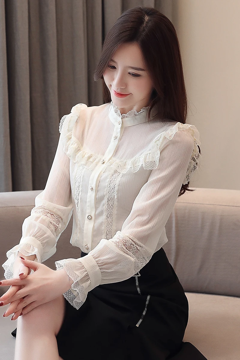 Korean Fashion Chiffon Women Blouses Autumn Lace White Women Shirts Plus Size XXL Blusas Femininas Elegante Ladies Tops
