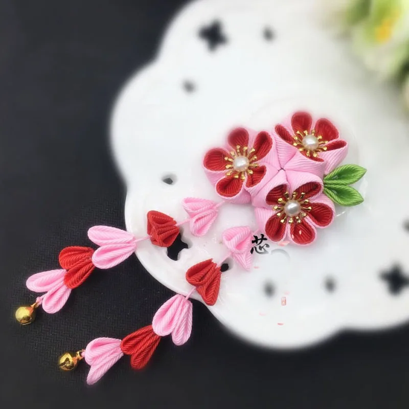 Tsuami Kanzashi, японский стиль, розовая, красная роза, кисточки, Сакура, цветочное кимоно, аксессуар, ручная работа, заколка для волос, заколка, головной убор HW041