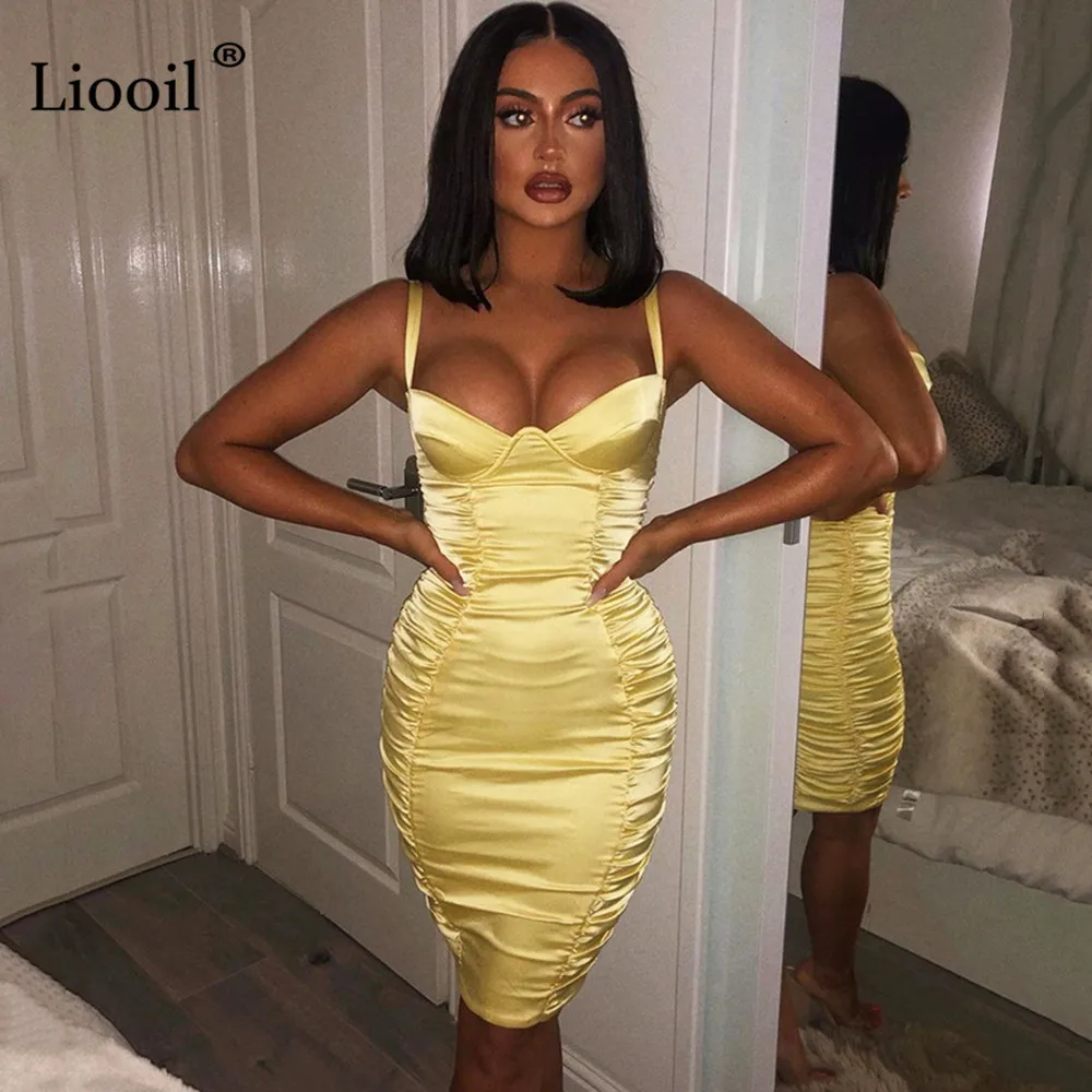 Liooil белый сексуальный Ruched Bodycon мини-платье без рукавов без бретелек эластичная бесшовная плотно прилегающая юбка платья женские вечерние ночной клуб