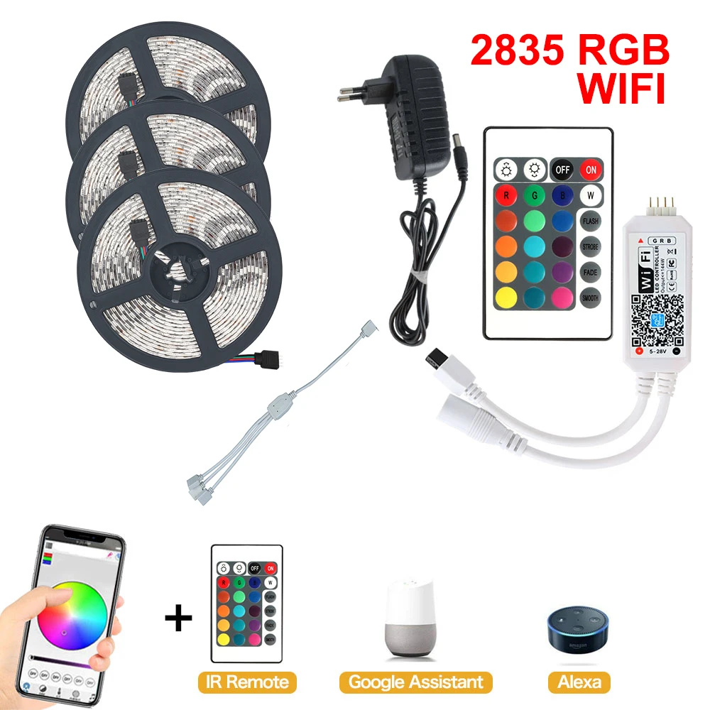 RGB Светодиодная лента светильник SMD 2835 5 м Водонепроницаемая RGB лента 12В лента Диодная Светодиодная лента s светильник Гибкая полоса лампа ИК wifi контроллер - Испускаемый цвет: 15m WIFI Control