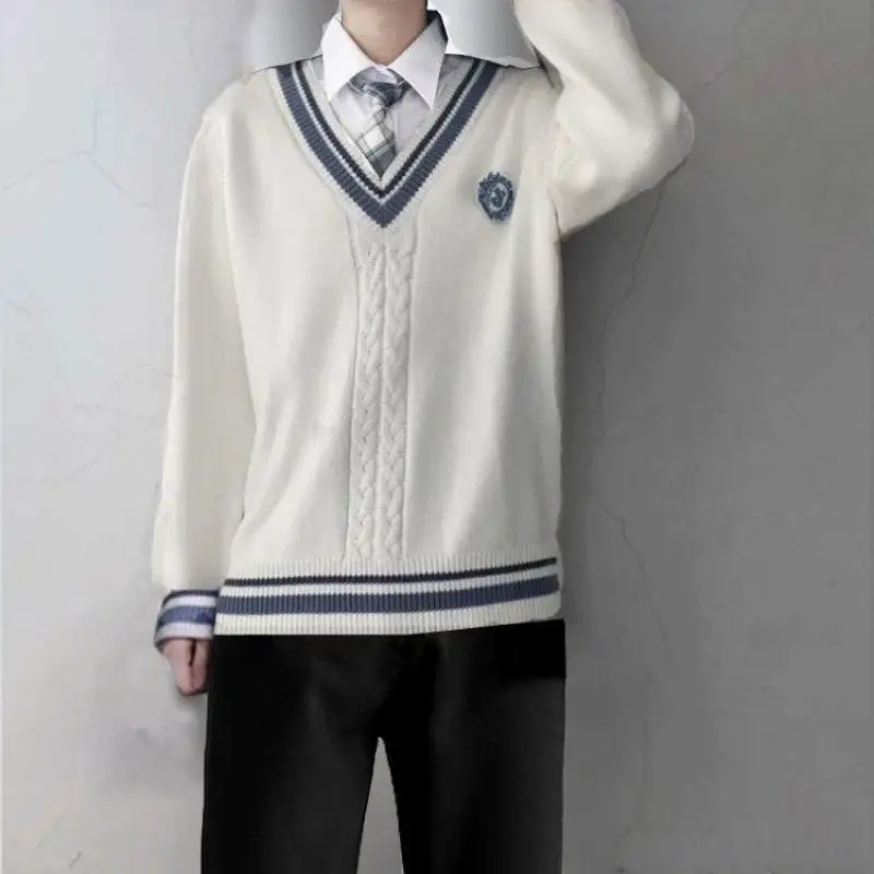 Autumn Winter College Style 3-pcs JK Uniform V-neck Knitted Sweater Pants Unisex Couple