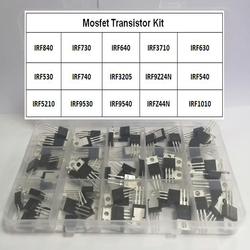 75Pcs/Box 15Values Field Effect Transistor Kit IRF3205 IRF640 IRF740 IRF840 IRF530 IRF630 IRF1010 IRFZ44 IRF9540 IRF730 IRF9Z24 transistors kit mosfet transistor