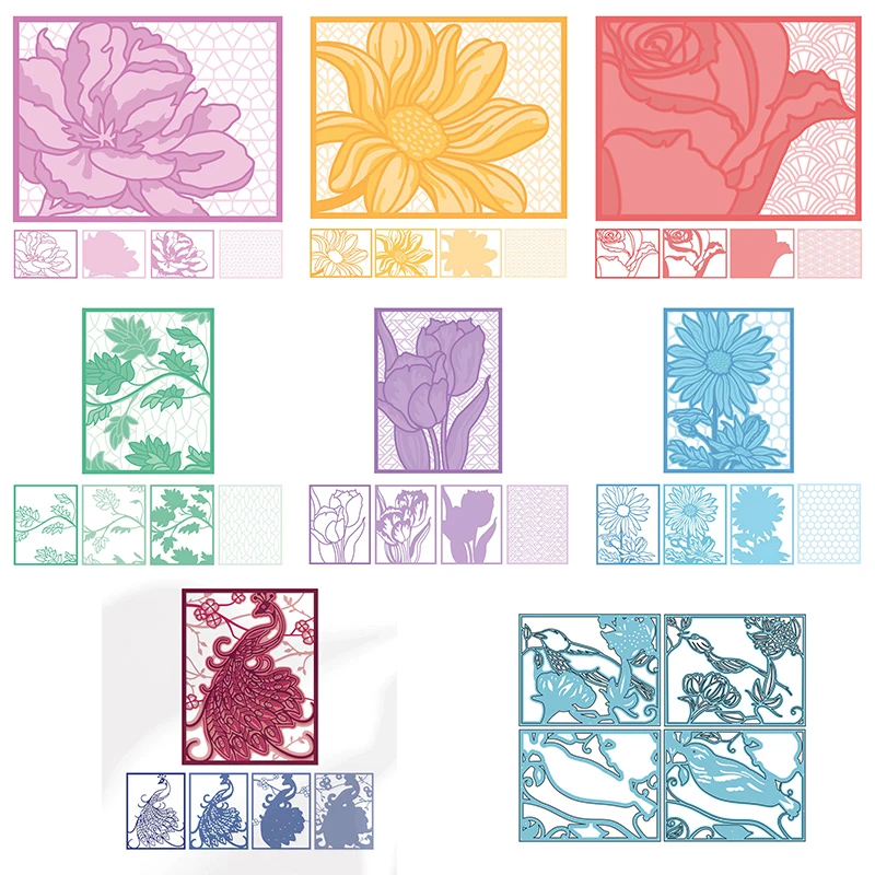 

4pcs/set Cutting Dies Set Elegant Flowering Petal Branch Lively Peacock Bird Doodle Frame DIY Scrapbooking Craft Paper Cards