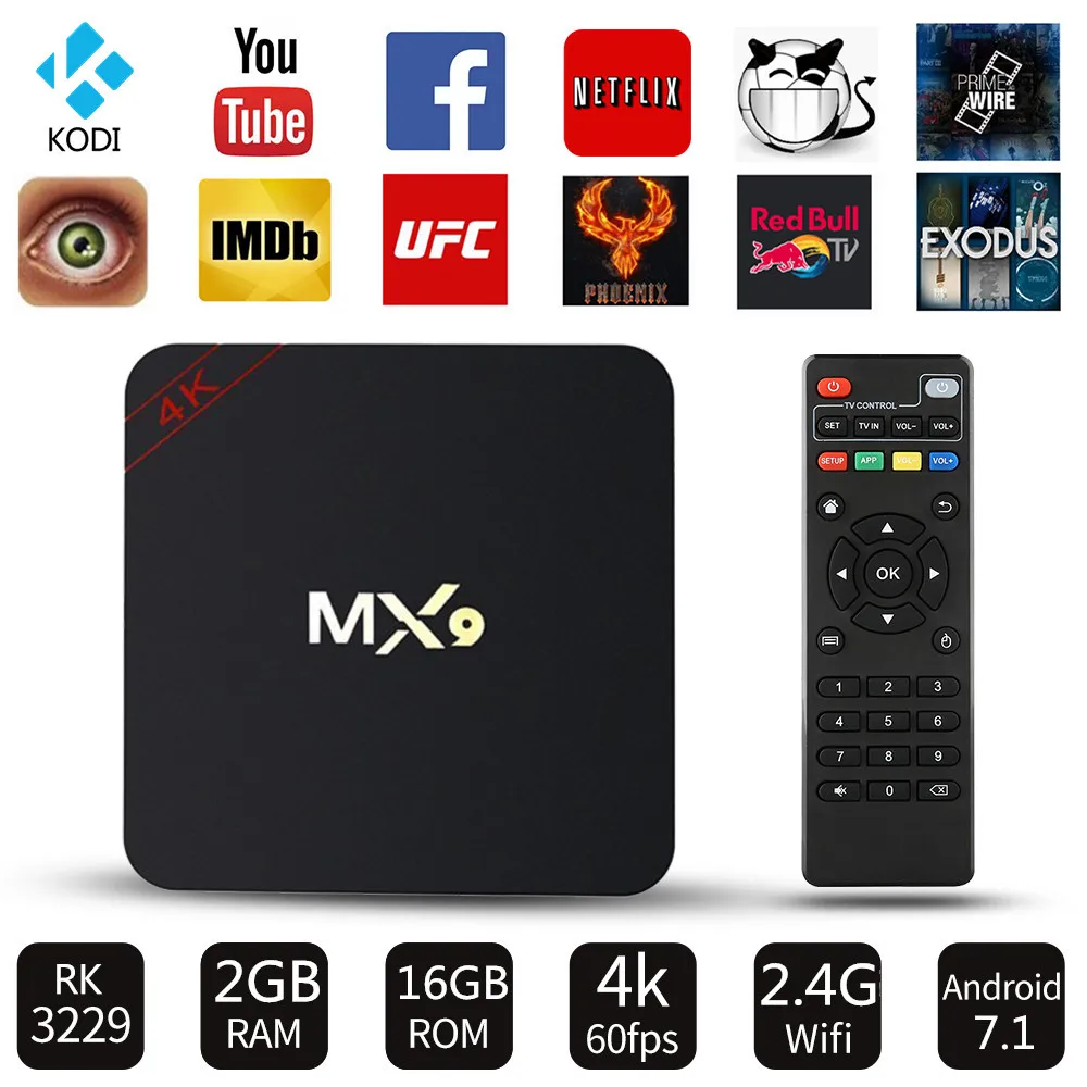 Android 7.1 TV BOX MX9 RK3229 Quad Core 2GB RAM 16GB ROM 2.4GHz WiFi Bluetooth4.0 4K HD Set Top Box