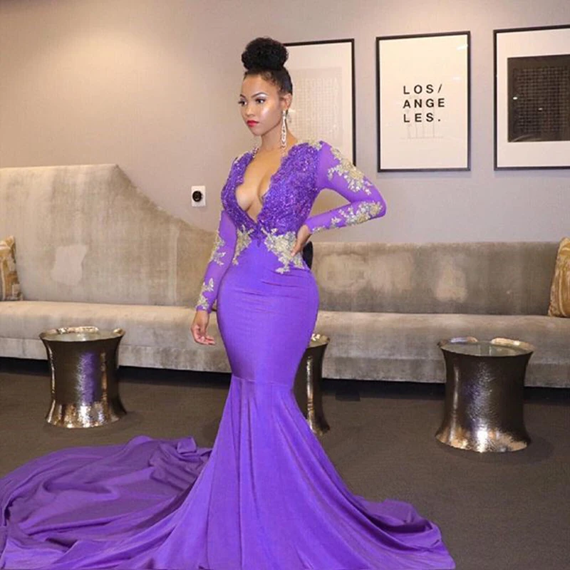 

Africa Purple Long Prom Dresses 2020 Sexy Deep V-neck Beaded Lace Top Long Sleeve Mermaid Black Girl Party Dress Evening Gowns