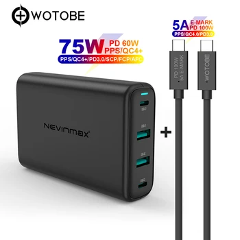 

75W 4port Power Adapter PD60W/45W/30W/18W QC4.0 PPS Charger 5A E-MARK USB-C cable For USB-C Laptops MacBook iPhone Samsung HUAWE