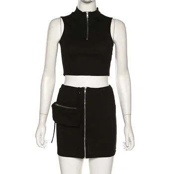 

Two Pieces Set Fashion Club Outfit Sexy Two Piece Set Top and Sleeveless Tank Tops High Waist Skirt With Zippers Pockets Knit