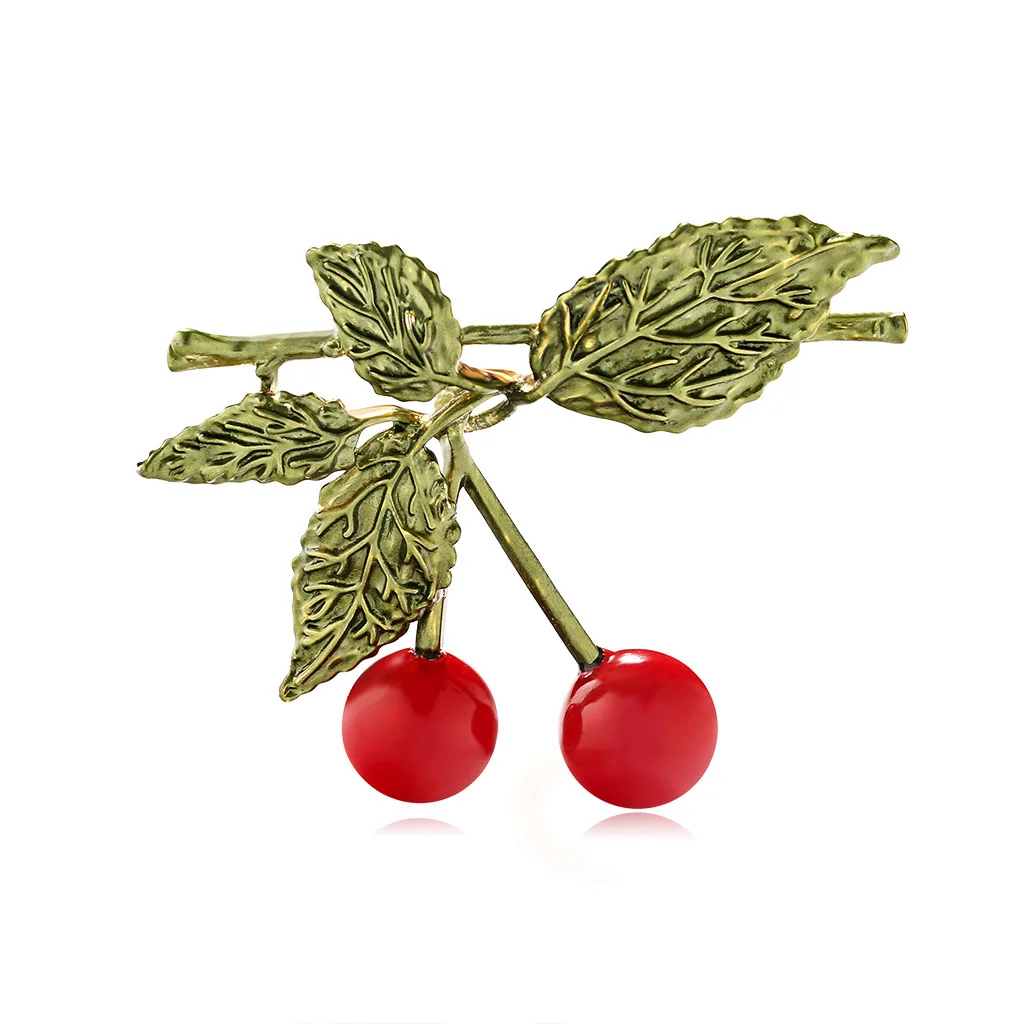 

Green Leaf 2 Cherry Red Fruit Brooches for Women Enamel Brooch Pins Jewelry Accessories