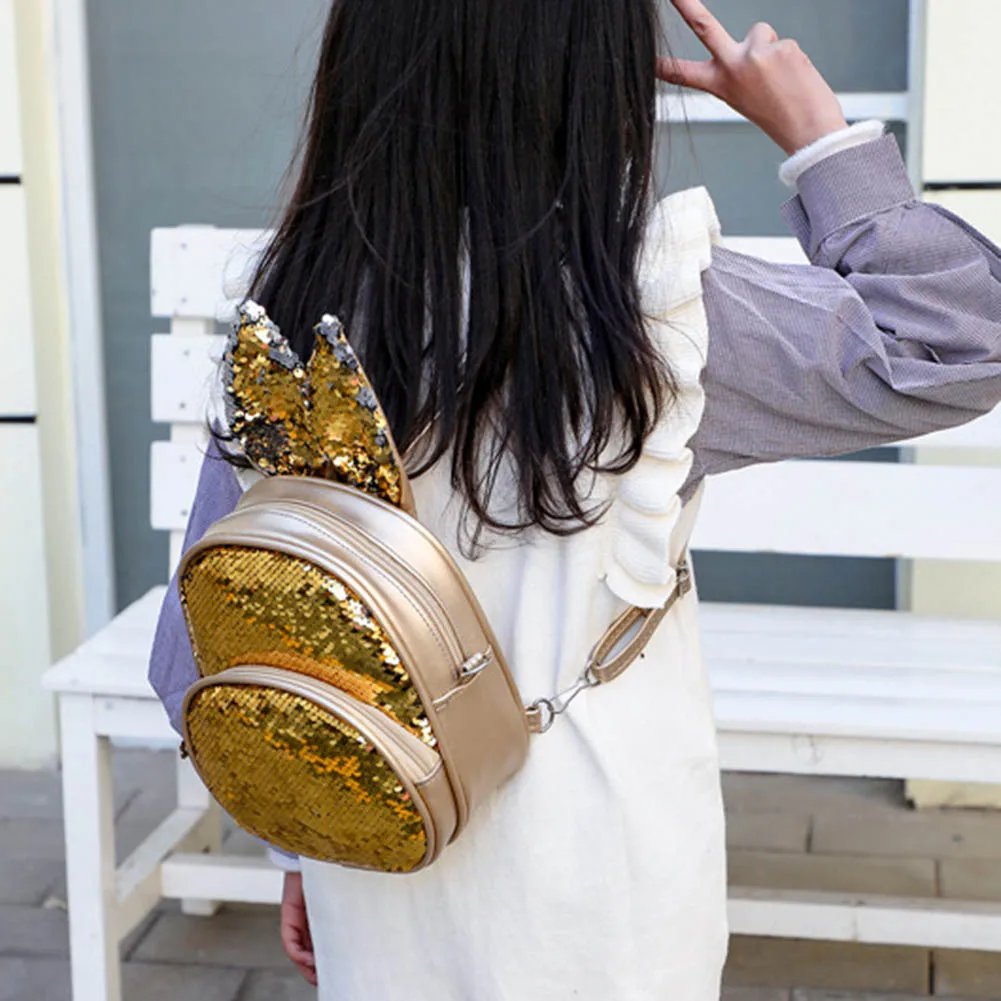 Children Kids Girl Backpack Sequins School Bag Rabbit Ears Zipper for Travel New - Цвет: Golden