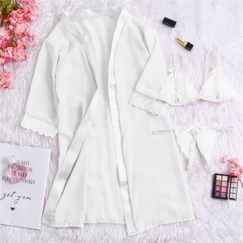 

Sleepwear Women Lace Satin Wireless Bra Camisole Shorts Pajamas Stripe Robe Female Nightwear lenceria New 3PCS Sexy Lingerie New