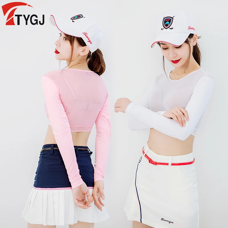 Women Golf Polo Shirt Women Thin Golf Shirts Sunscreen Inside Wear Cropped Tops Long Sleeve Anti-Uv Arm Sleeve Ice Silk