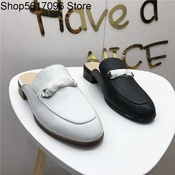

2020 new leather thick middle heel slippers female British style outside wear