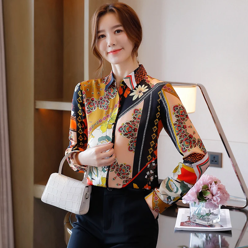 

Korean Fashion Silk Women Blouses Spring/Autumn Office Lady Shirt and Blouse Floral Long Sleeve Tops for Women Plus Size