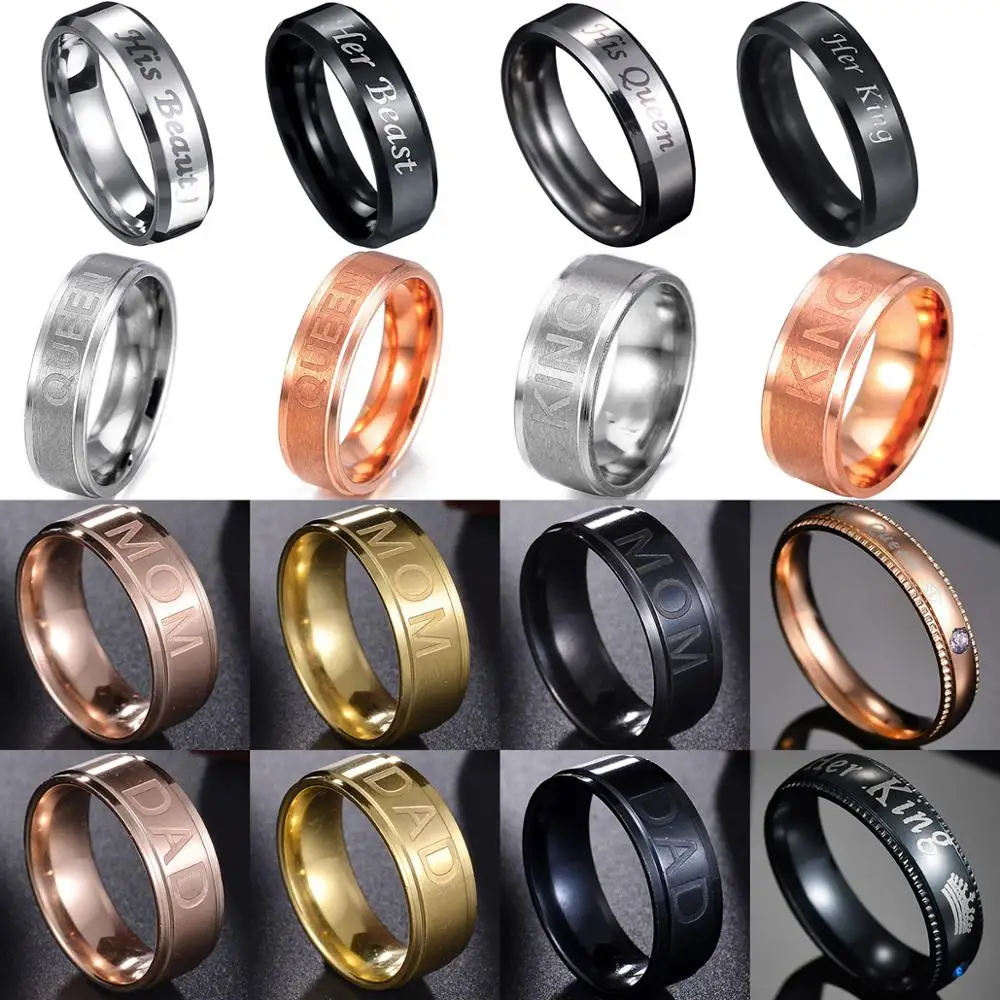 1 Pc Boys Men Black Ring Stainless Steel Rings Engraved King/queen/dad