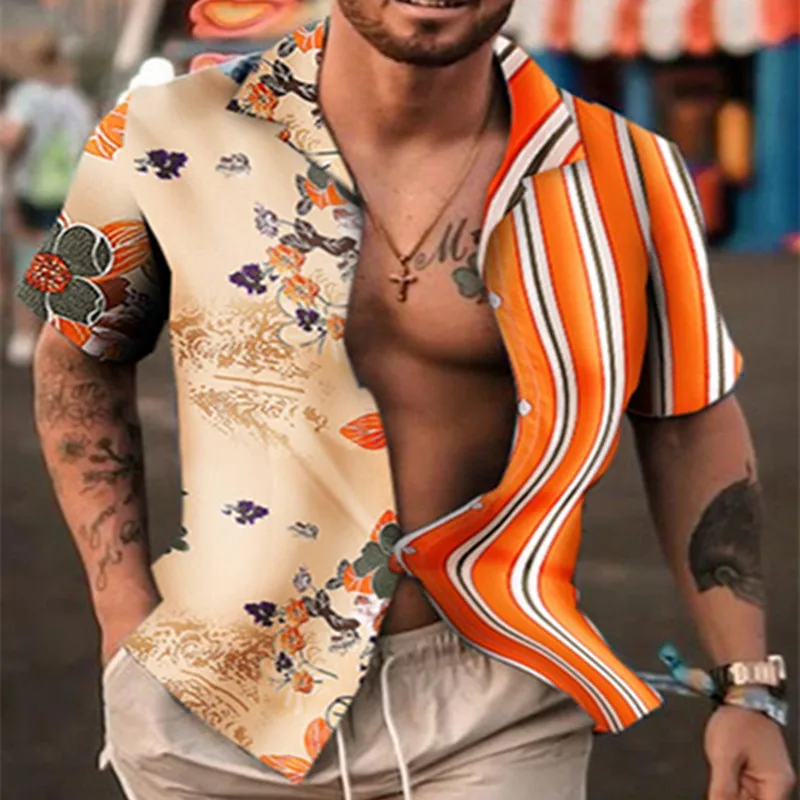 Fashion Nation Style Summer Man's Shirt 3D Printing Stand Collar Single-Breasted Short Sleeve Loose Hawaiian Henley Casual Shirt