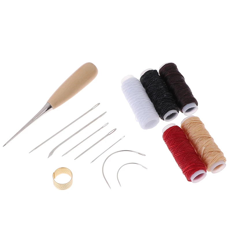 14pcs Hand Sewing Needles With Leather Waxed Thread Cord Drilling Awl And Thimble For Leather Canvas Coats Repair Tools